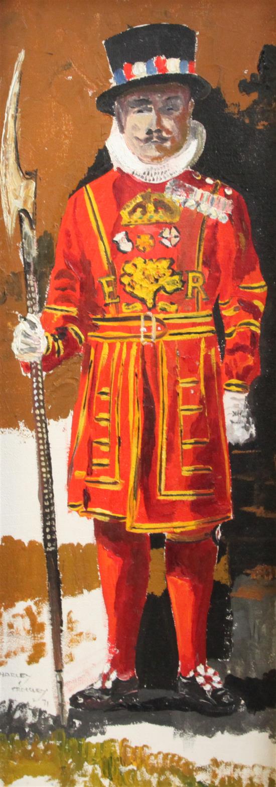 Harley Crossley (b.1936-) Guardsmen and a Beefeater, 23.5 x 8.5in.